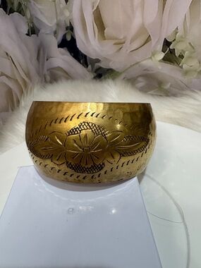 Vintage Brass Floral Engraved Cuff Bracelet